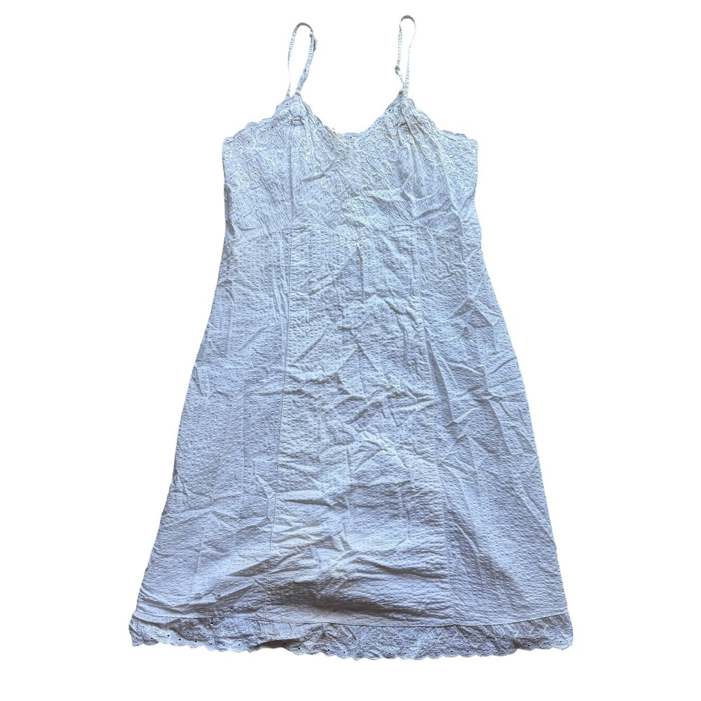 VTG 70s Eyelet Seersucker Slip Dress Cotton Lace Spaghetti Strap Midi M White